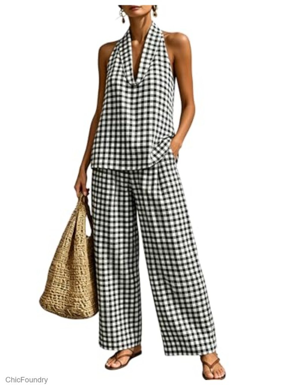 100% Cotton Gingham 2 Piece Set Halter Sleeveless Top High Waist Pants Pockets